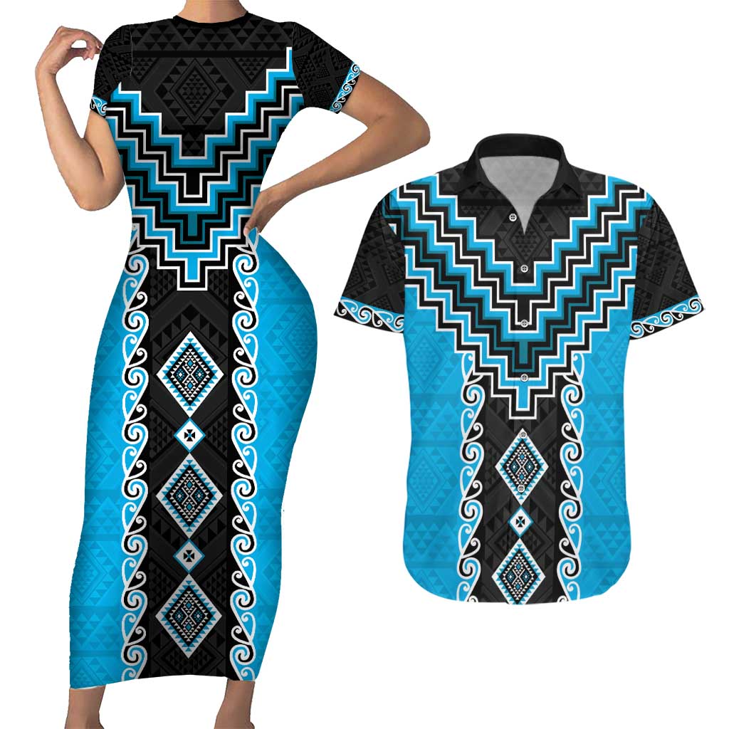 Sky Blue Niho Taniwha Mix Poutama Couples Matching Short Sleeve Bodycon Dress and Hawaiian Shirt Unique Taniko Aotearoa