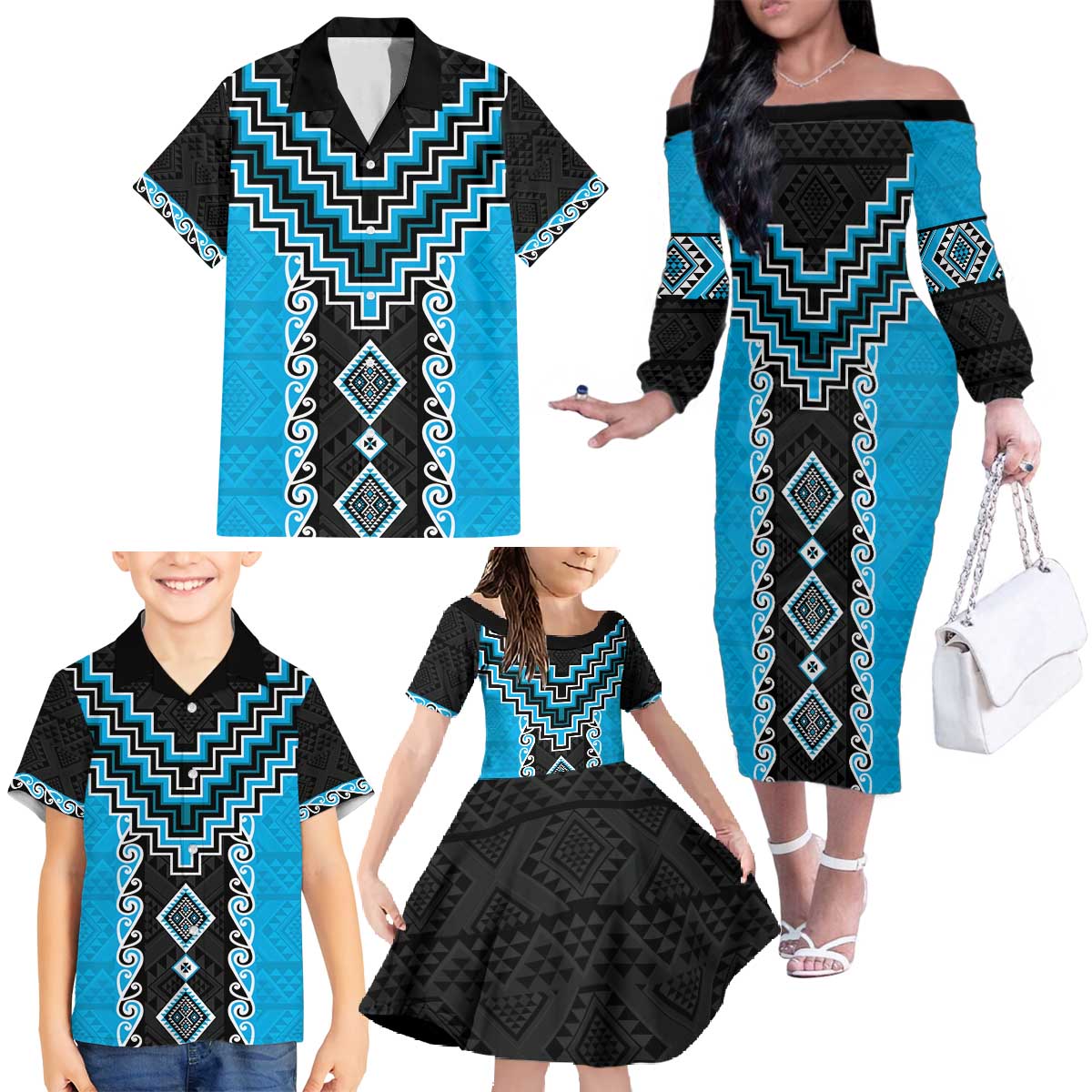 Sky Blue Niho Taniwha Mix Poutama Family Matching Off The Shoulder Long Sleeve Dress and Hawaiian Shirt Unique Taniko Aotearoa