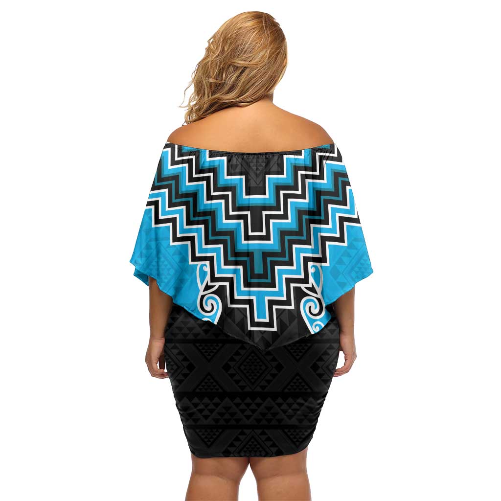 Sky Blue Niho Taniwha Mix Poutama Family Matching Off Shoulder Short Dress and Hawaiian Shirt Unique Taniko Aotearoa