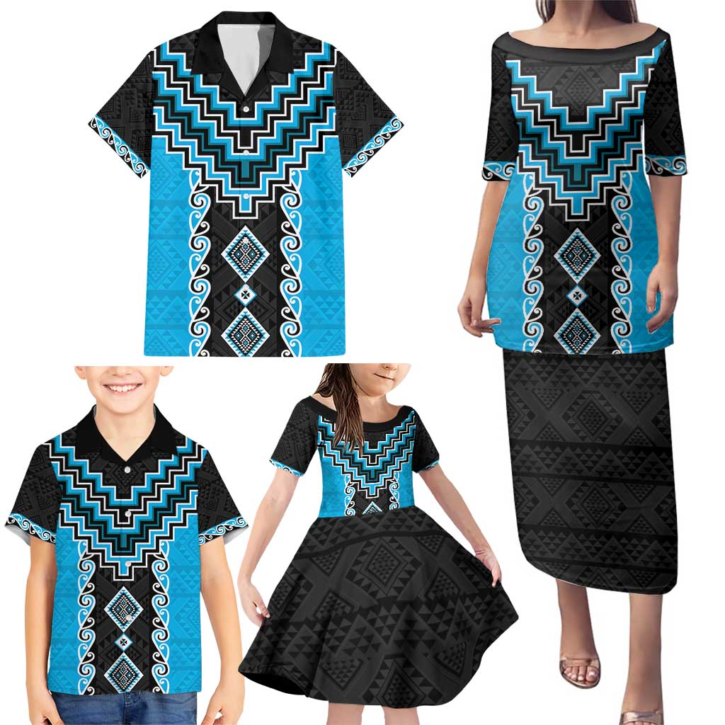 Sky Blue Niho Taniwha Mix Poutama Family Matching Puletasi and Hawaiian Shirt Unique Taniko Aotearoa