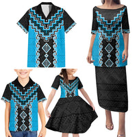 Sky Blue Niho Taniwha Mix Poutama Family Matching Puletasi and Hawaiian Shirt Unique Taniko Aotearoa