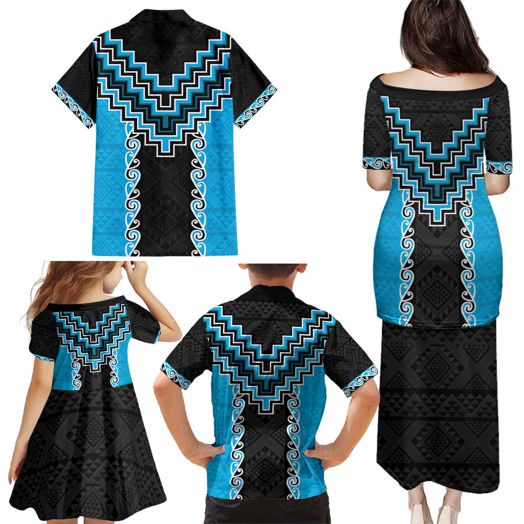 Sky Blue Niho Taniwha Mix Poutama Family Matching Puletasi and Hawaiian Shirt Unique Taniko Aotearoa