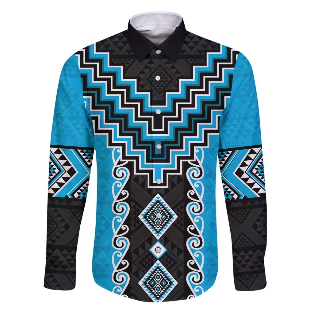 Sky Blue Niho Taniwha Mix Poutama Family Matching Puletasi and Hawaiian Shirt Unique Taniko Aotearoa