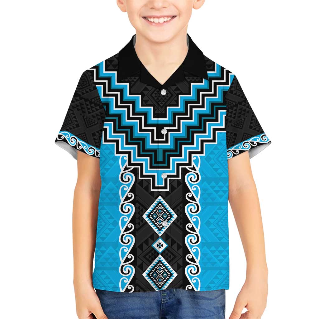 Sky Blue Niho Taniwha Mix Poutama Family Matching Summer Maxi Dress and Hawaiian Shirt Unique Taniko Aotearoa