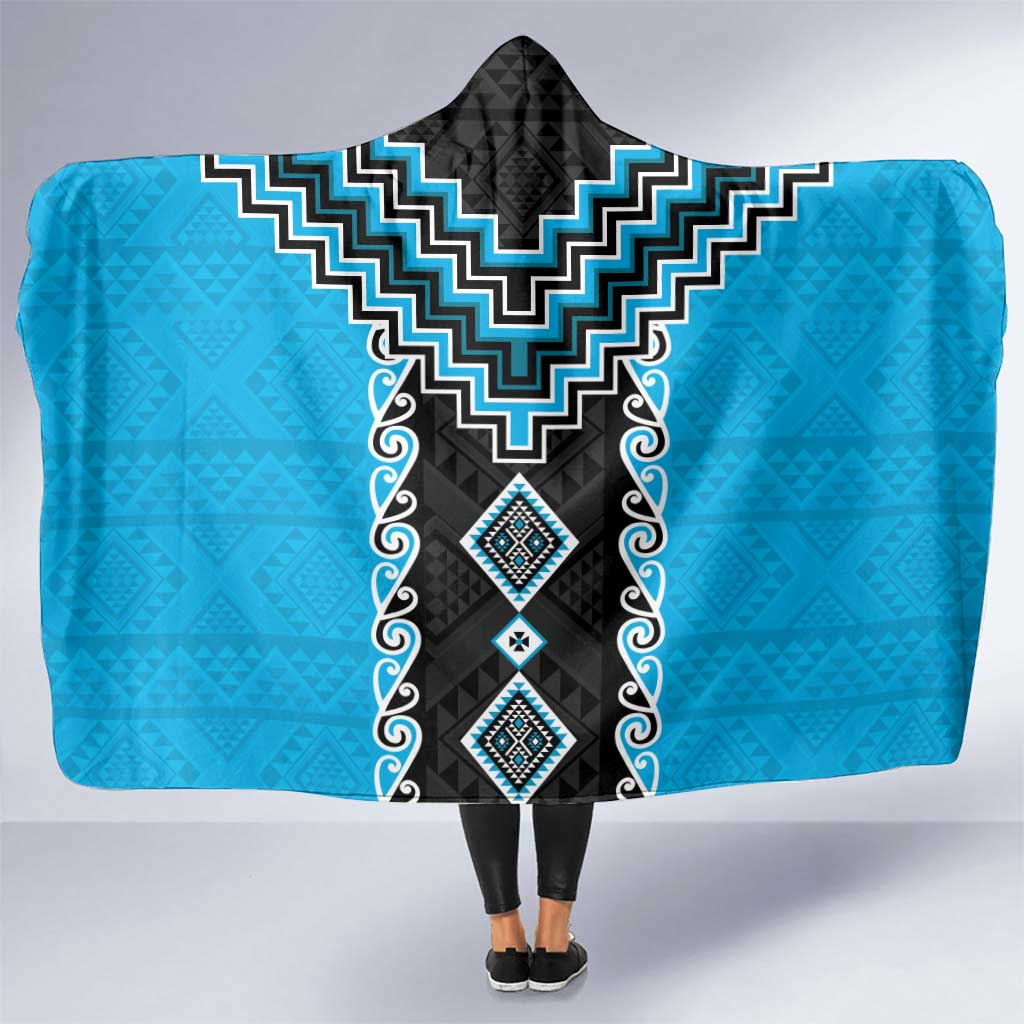 Sky Blue Niho Taniwha Mix Poutama Hooded Blanket Unique Taniko Aotearoa