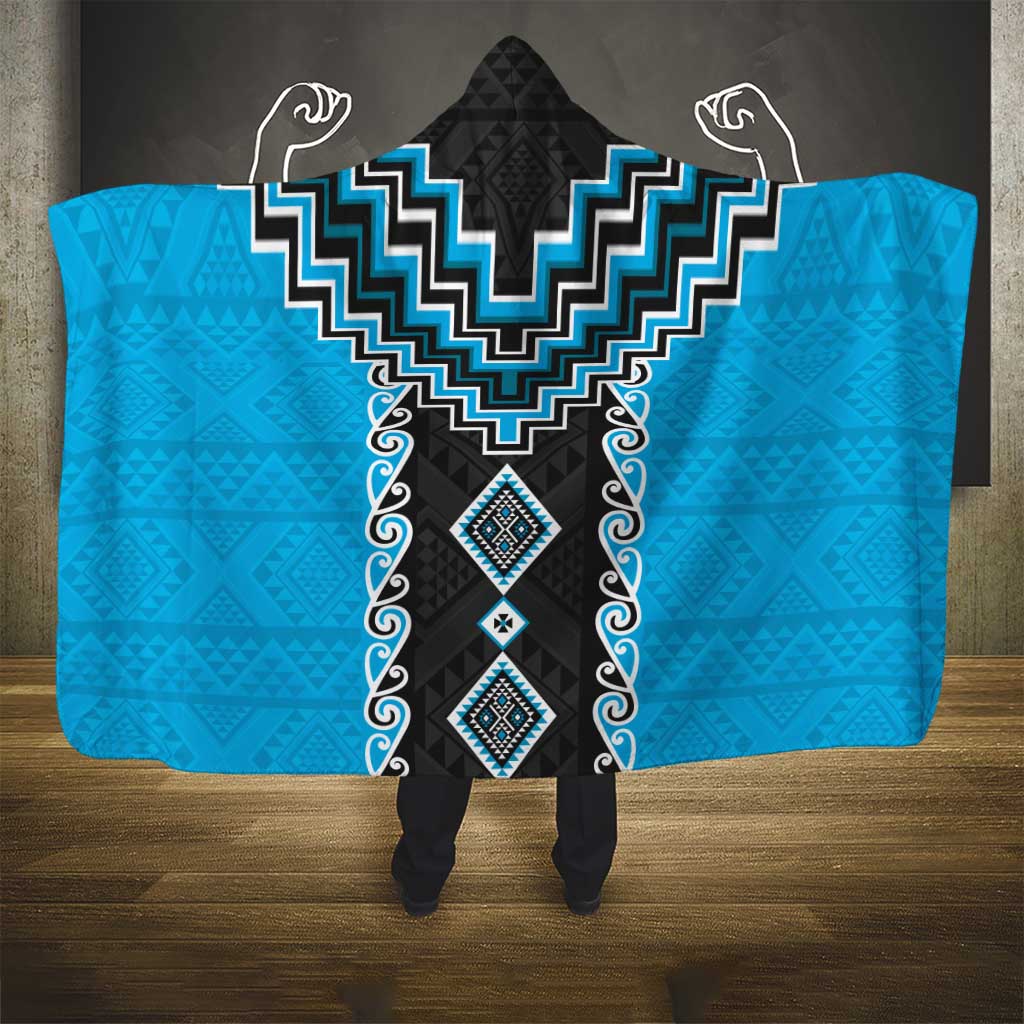 Sky Blue Niho Taniwha Mix Poutama Hooded Blanket Unique Taniko Aotearoa
