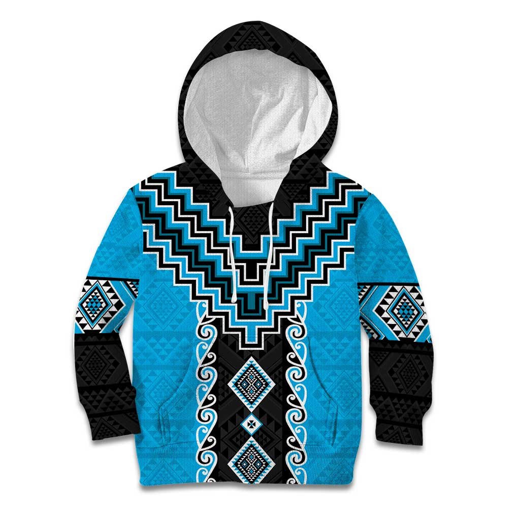 Sky Blue Niho Taniwha Mix Poutama Kid Hoodie Unique Taniko Aotearoa
