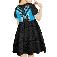 Sky Blue Niho Taniwha Mix Poutama Kid Short Sleeve Dress Unique Taniko Aotearoa