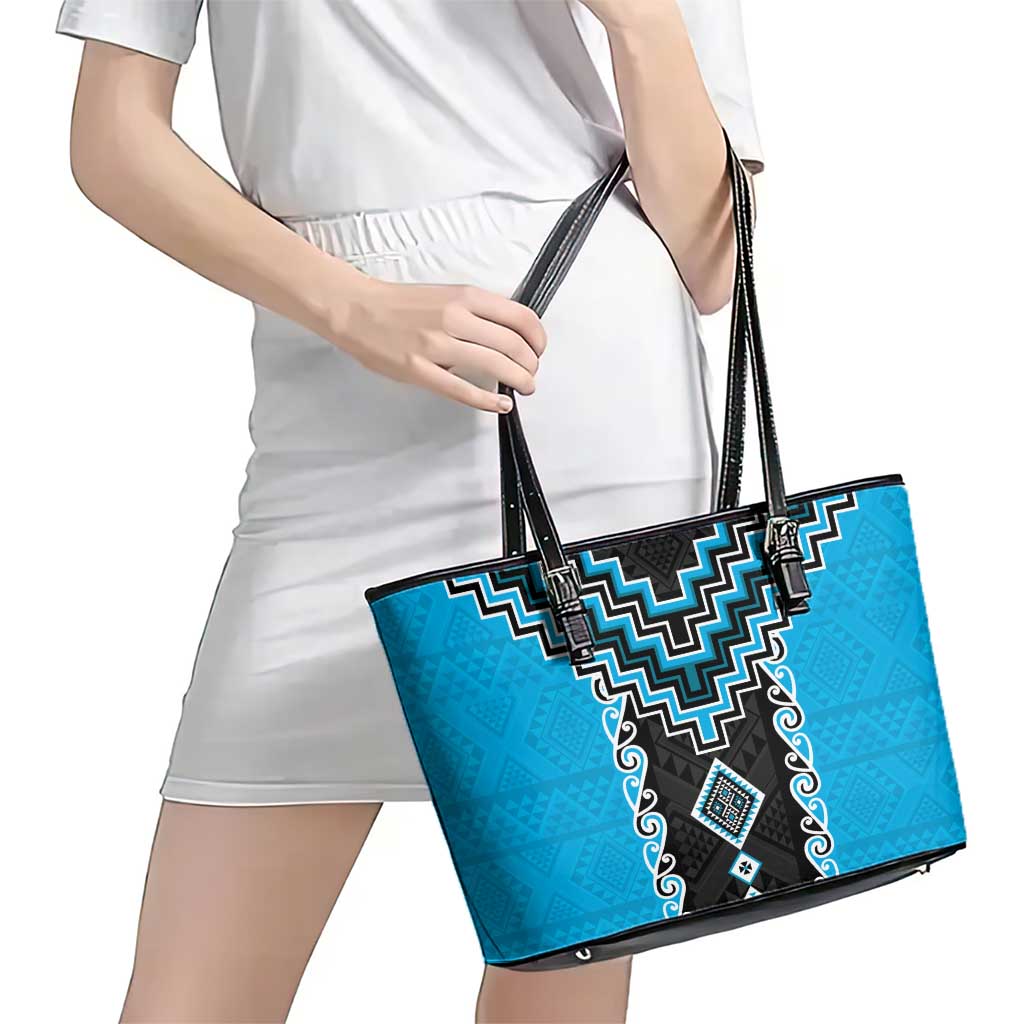 Sky Blue Niho Taniwha Mix Poutama Leather Tote Bag Unique Taniko Aotearoa