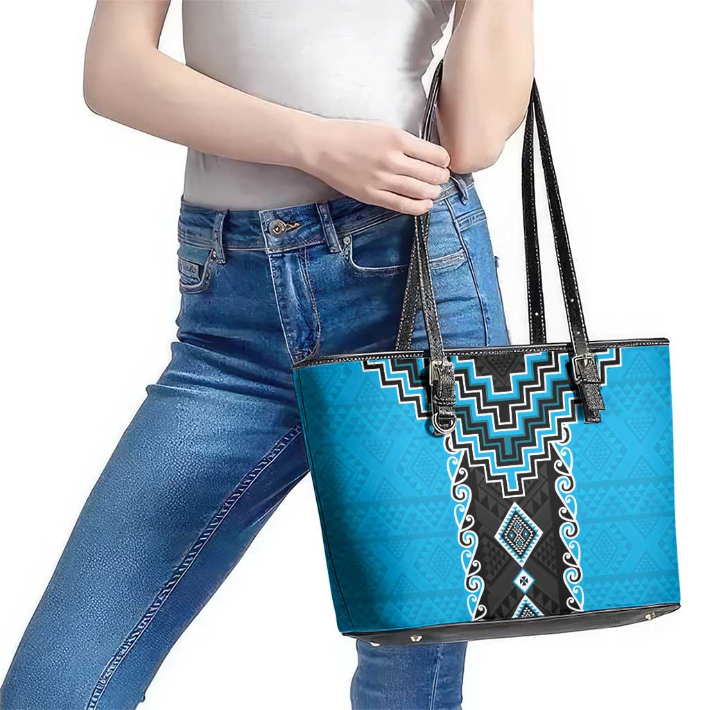 Sky Blue Niho Taniwha Mix Poutama Leather Tote Bag Unique Taniko Aotearoa