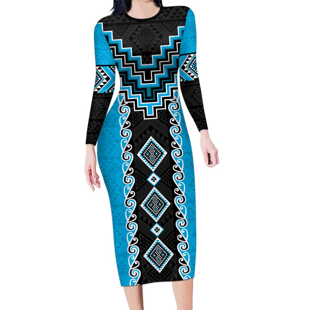 Sky Blue Niho Taniwha Mix Poutama Long Sleeve Bodycon Dress Unique Taniko Aotearoa LT01 Long Dress Sky Blue - Polynesian Pride