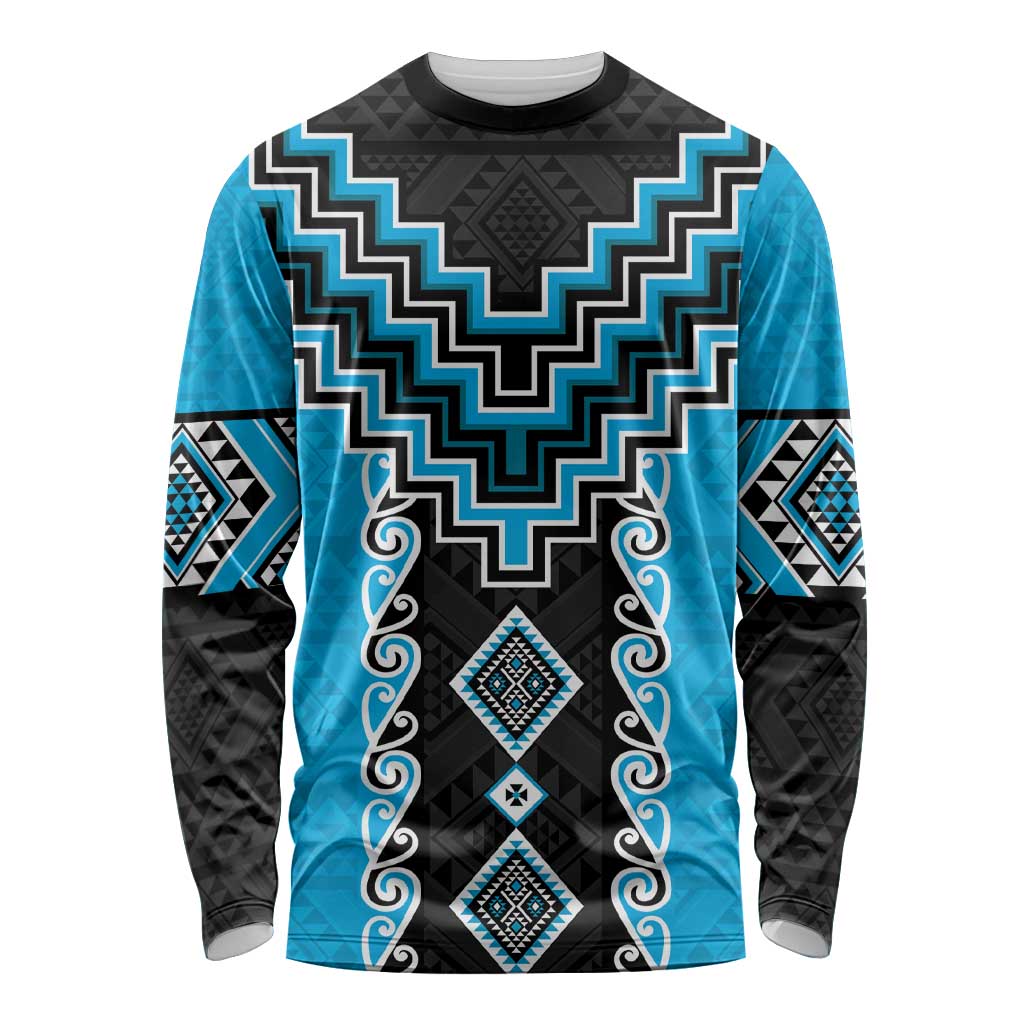 Sky Blue Niho Taniwha Mix Poutama Long Sleeve Shirt Unique Taniko Aotearoa