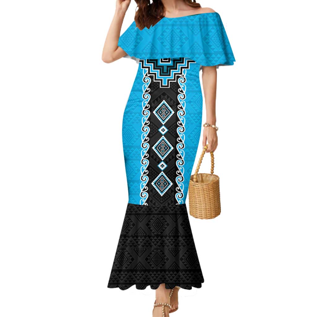 Sky Blue Niho Taniwha Mix Poutama Mermaid Dress Unique Taniko Aotearoa LT01 Women Sky Blue - Polynesian Pride