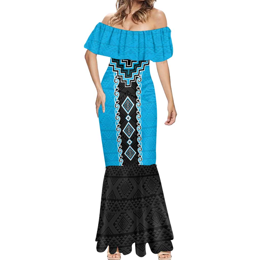 Sky Blue Niho Taniwha Mix Poutama Mermaid Dress Unique Taniko Aotearoa