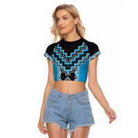Sky Blue Niho Taniwha Mix Poutama Raglan Cropped T Shirt Unique Taniko Aotearoa