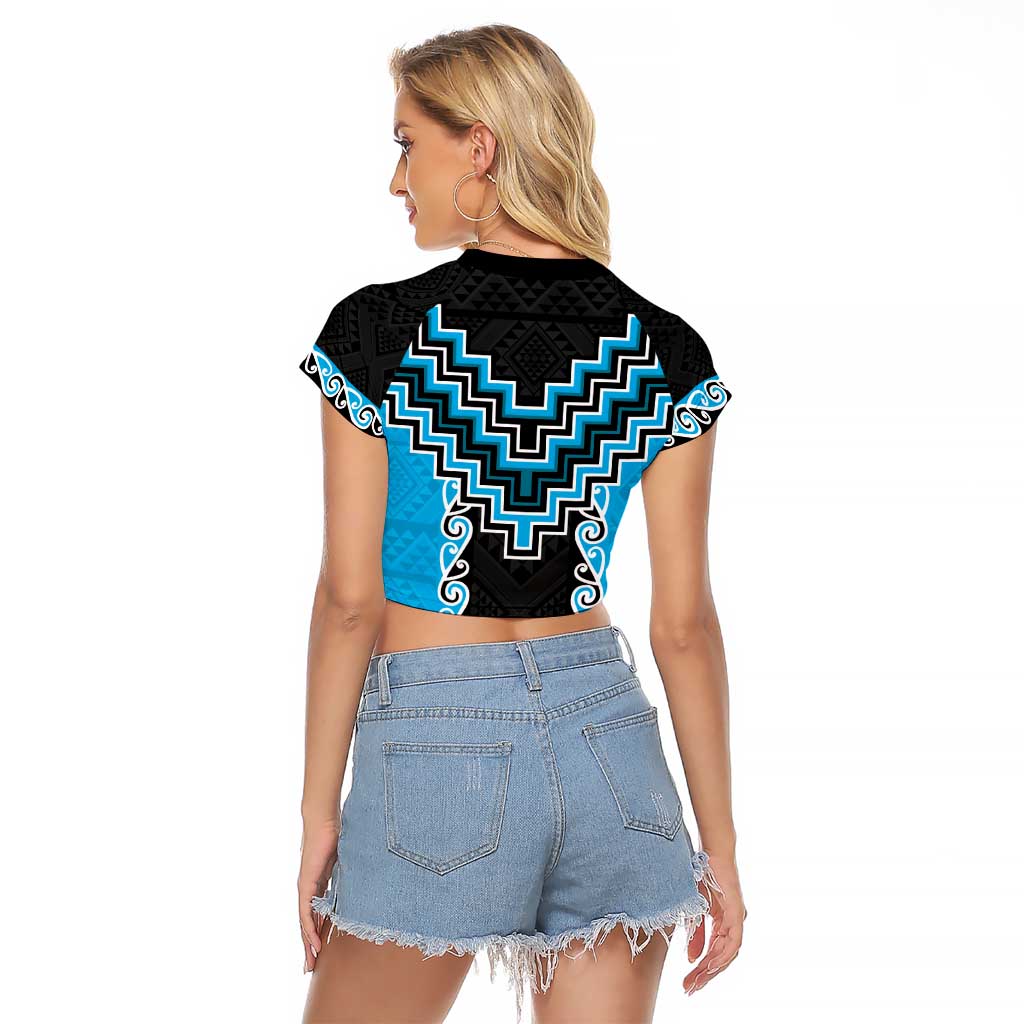 Sky Blue Niho Taniwha Mix Poutama Raglan Cropped T Shirt Unique Taniko Aotearoa