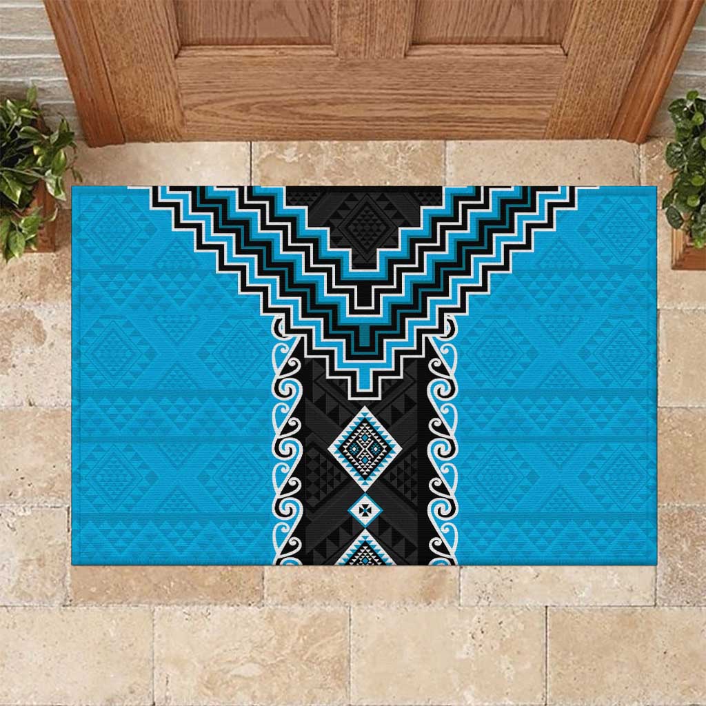 Sky Blue Niho Taniwha Mix Poutama Rubber Doormat Unique Taniko Aotearoa