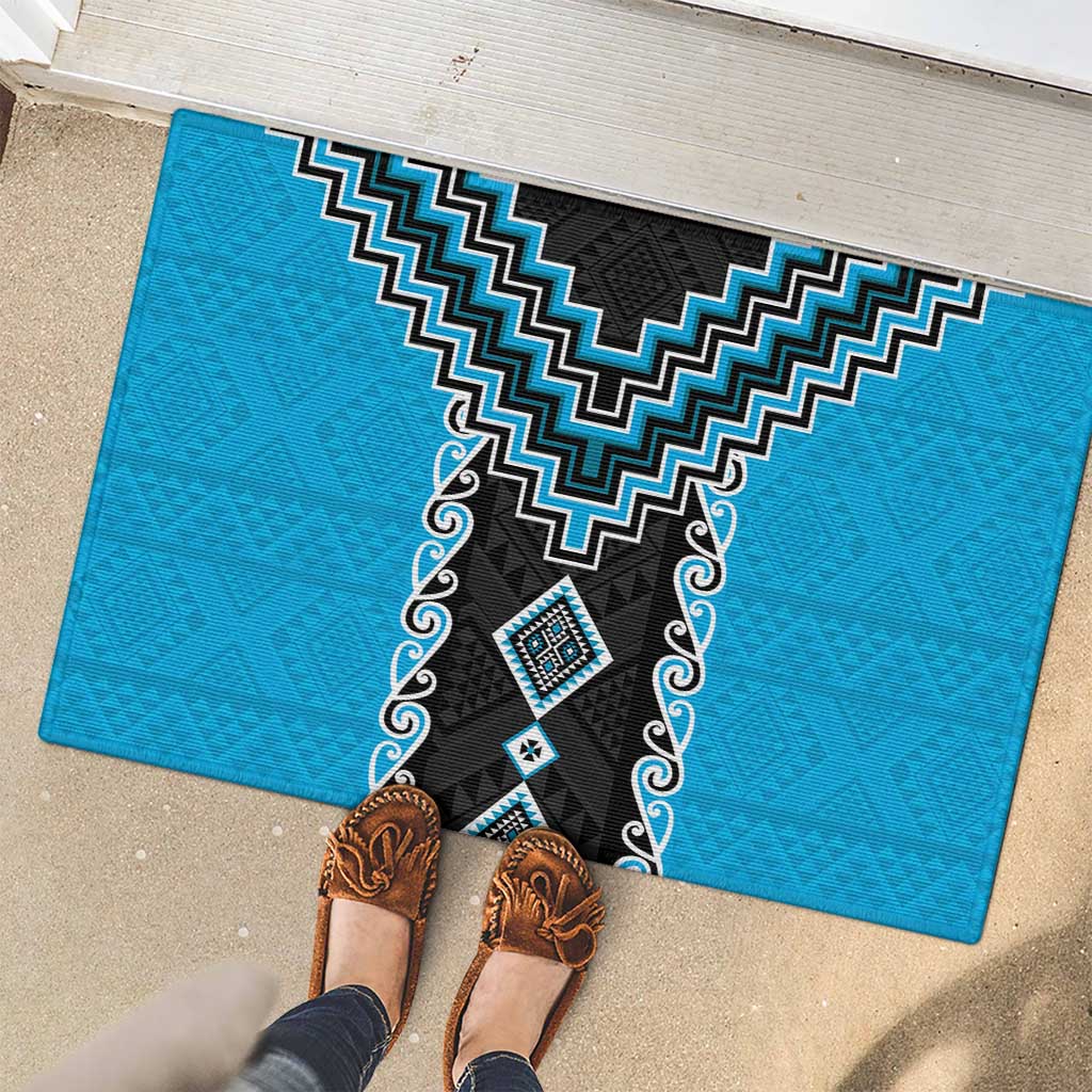 Sky Blue Niho Taniwha Mix Poutama Rubber Doormat Unique Taniko Aotearoa