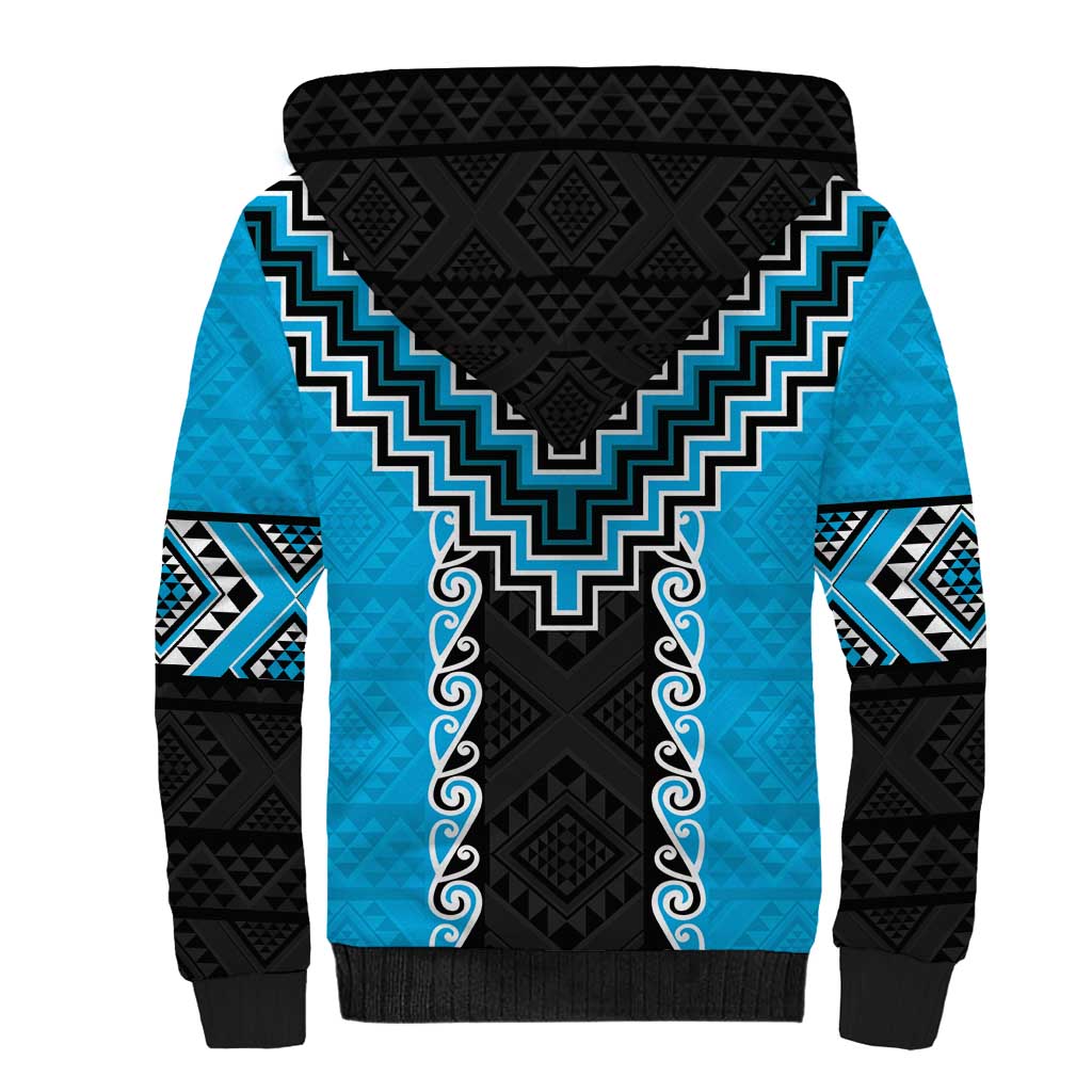 Sky Blue Niho Taniwha Mix Poutama Sherpa Hoodie Unique Taniko Aotearoa
