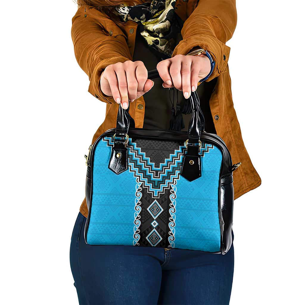 Sky Blue Niho Taniwha Mix Poutama Shoulder Handbag Unique Taniko Aotearoa