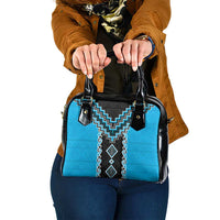 Sky Blue Niho Taniwha Mix Poutama Shoulder Handbag Unique Taniko Aotearoa