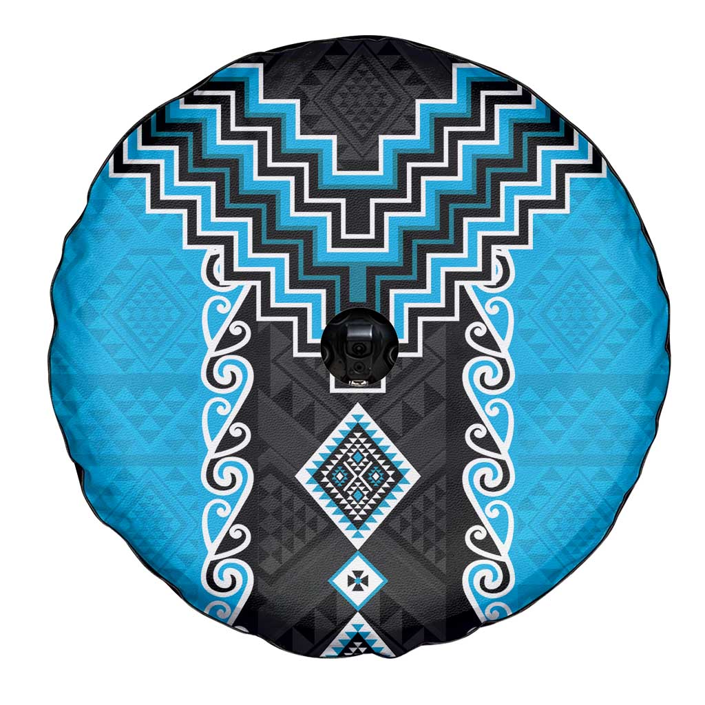 Sky Blue Niho Taniwha Mix Poutama Spare Tire Cover Unique Taniko Aotearoa