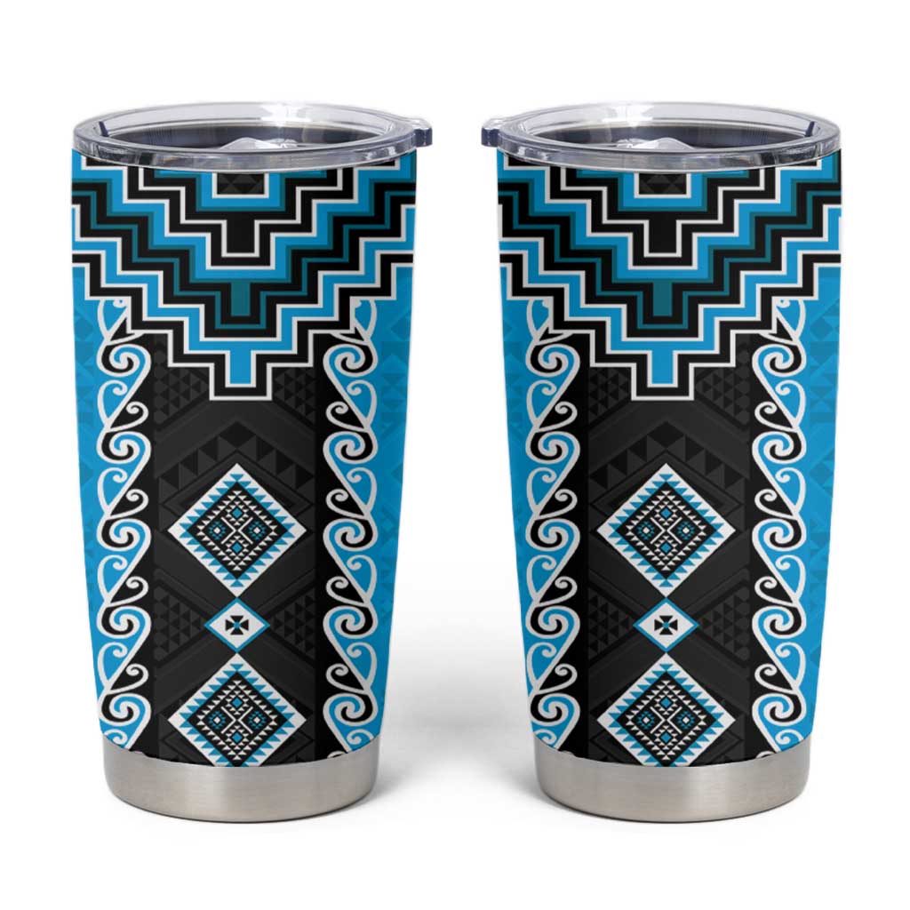 Sky Blue Niho Taniwha Mix Poutama Tumbler Cup Unique Taniko Aotearoa