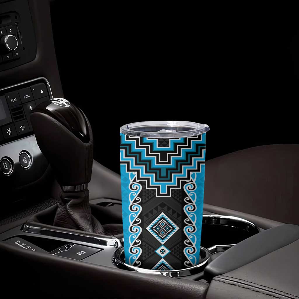 Sky Blue Niho Taniwha Mix Poutama Tumbler Cup Unique Taniko Aotearoa