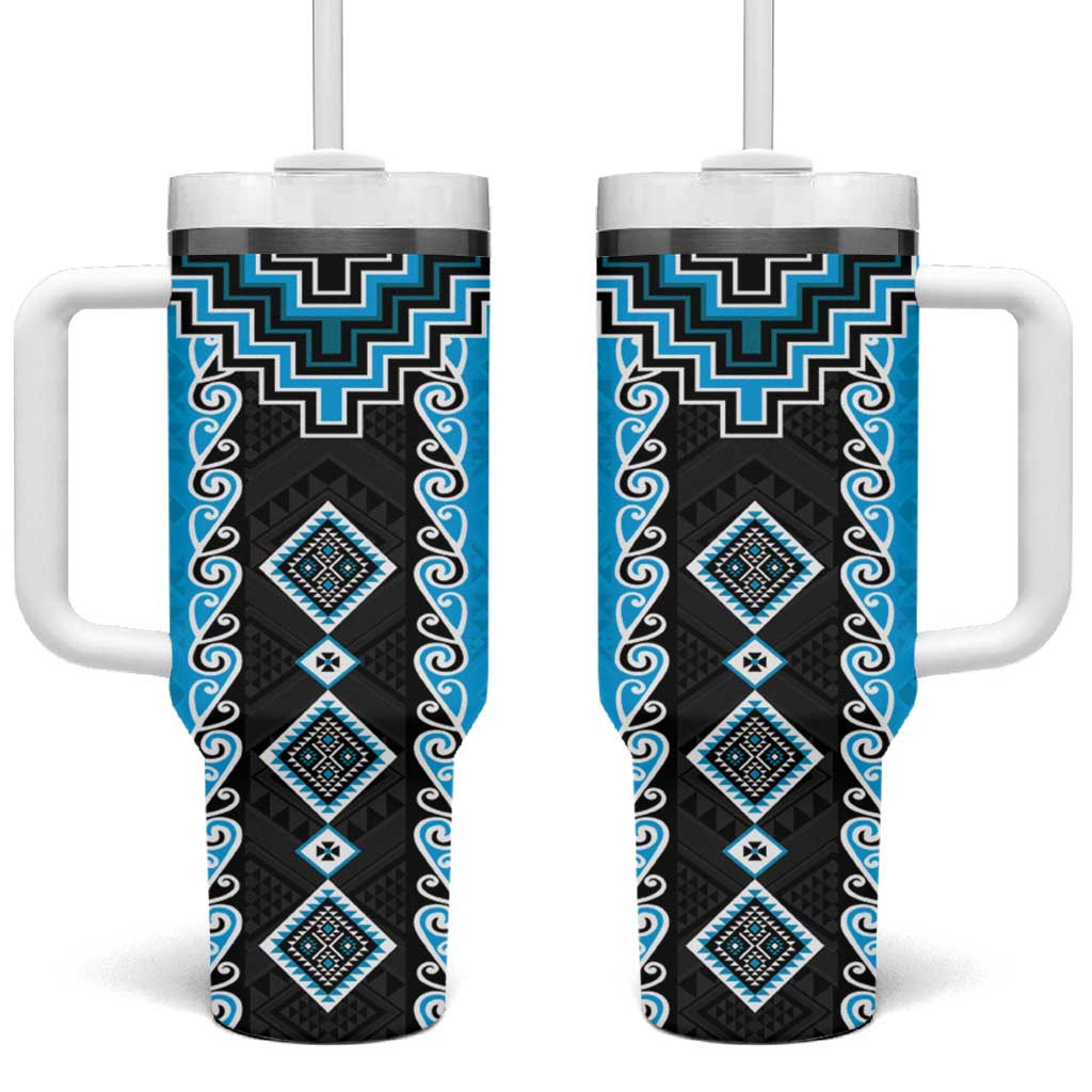 Sky Blue Niho Taniwha Mix Poutama Tumbler With Handle Unique Taniko Aotearoa