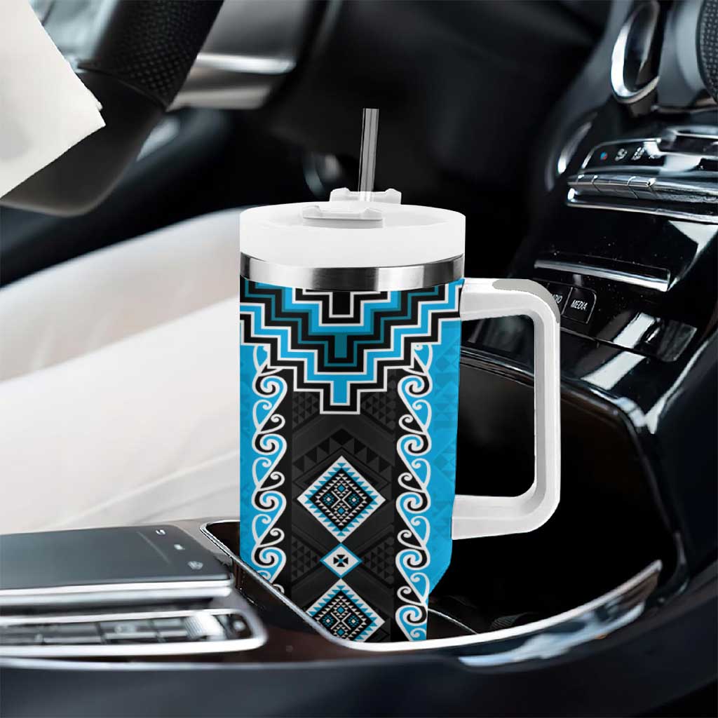 Sky Blue Niho Taniwha Mix Poutama Tumbler With Handle Unique Taniko Aotearoa
