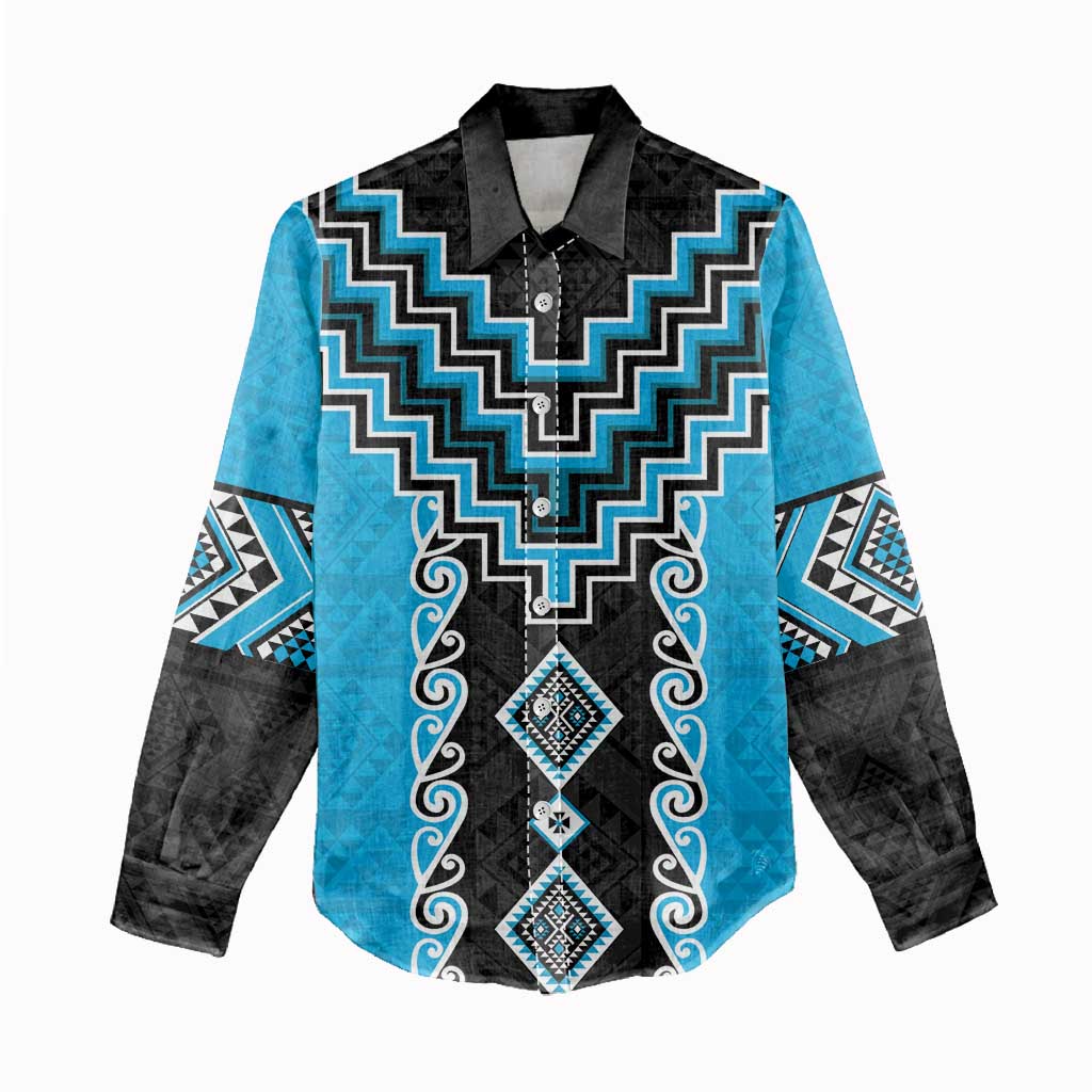 Sky Blue Niho Taniwha Mix Poutama Women Casual Shirt Unique Taniko Aotearoa
