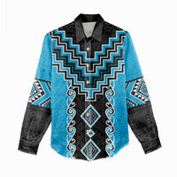 Sky Blue Niho Taniwha Mix Poutama Women Casual Shirt Unique Taniko Aotearoa