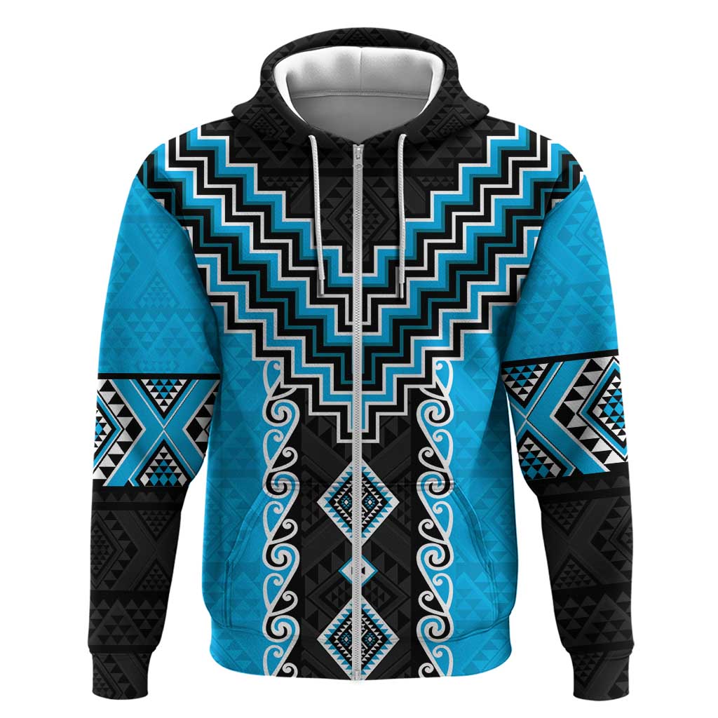 Sky Blue Niho Taniwha Mix Poutama Zip Hoodie Unique Taniko Aotearoa LT01 Zip Hoodie Sky Blue - Polynesian Pride