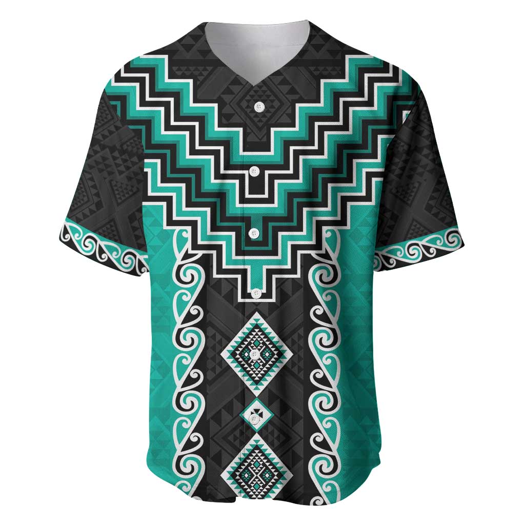 Teal Niho Taniwha Mix Poutama Baseball Jersey Unique Taniko Aotearoa