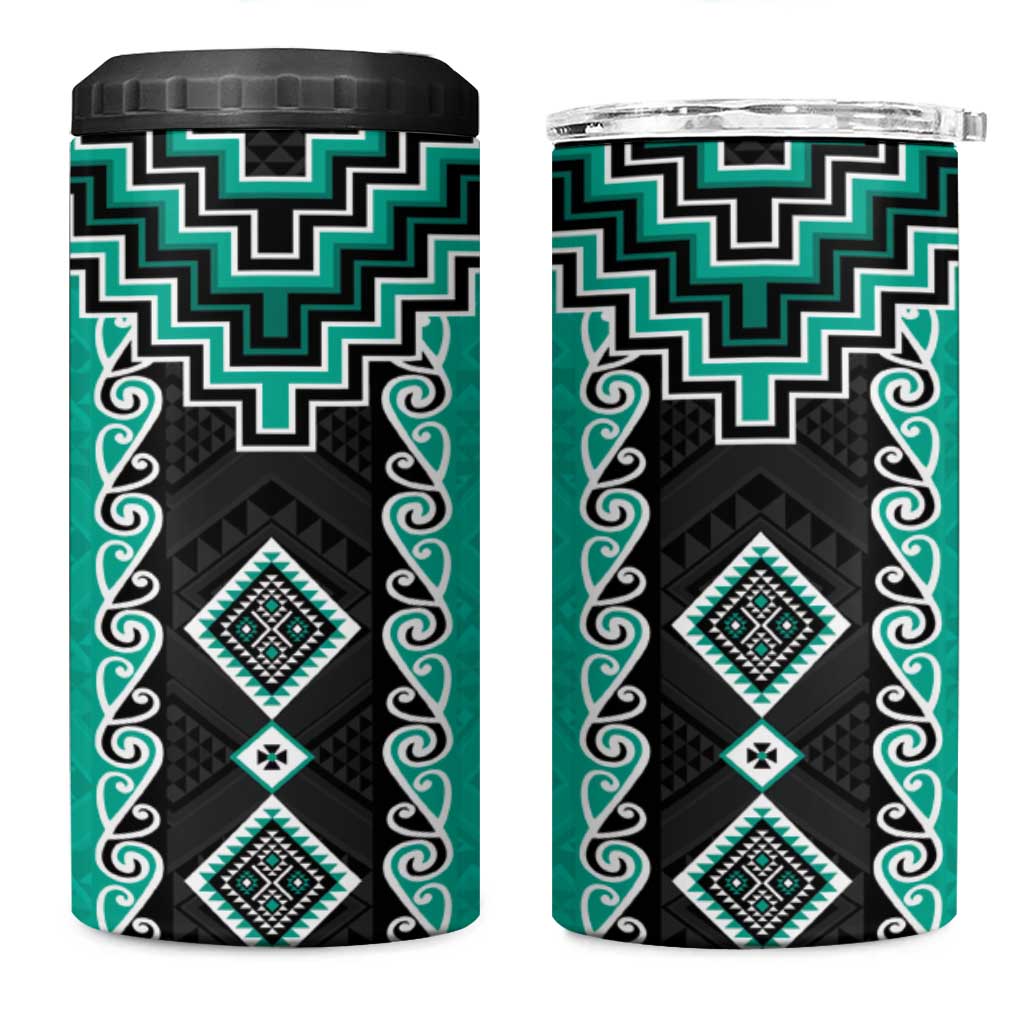 Teal Niho Taniwha Mix Poutama 4 in 1 Can Cooler Tumbler Unique Taniko Aotearoa