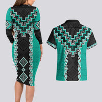 Teal Niho Taniwha Mix Poutama Couples Matching Long Sleeve Bodycon Dress and Hawaiian Shirt Unique Taniko Aotearoa