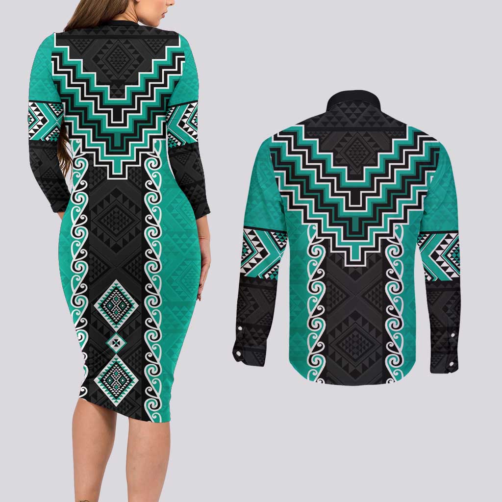 Teal Niho Taniwha Mix Poutama Couples Matching Long Sleeve Bodycon Dress and Long Sleeve Button Shirt Unique Taniko Aotearoa