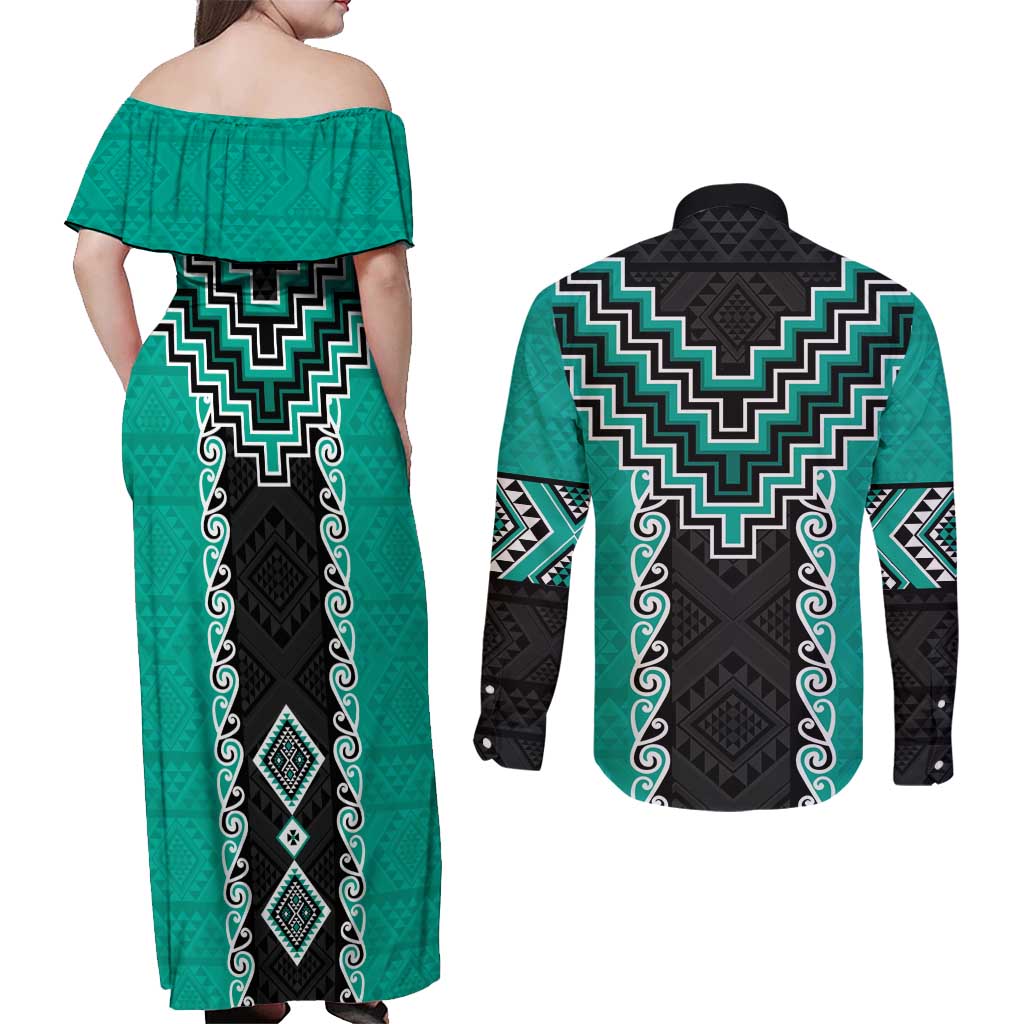 Teal Niho Taniwha Mix Poutama Couples Matching Off Shoulder Maxi Dress and Long Sleeve Button Shirt Unique Taniko Aotearoa