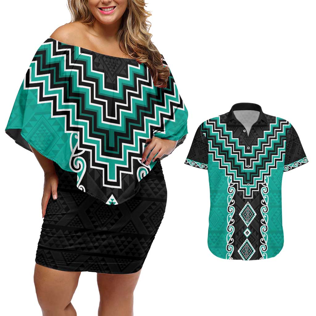 Teal Niho Taniwha Mix Poutama Couples Matching Off Shoulder Short Dress and Hawaiian Shirt Unique Taniko Aotearoa