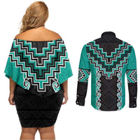 Teal Niho Taniwha Mix Poutama Couples Matching Off Shoulder Short Dress and Long Sleeve Button Shirt Unique Taniko Aotearoa