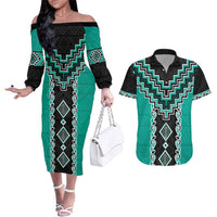 Teal Niho Taniwha Mix Poutama Couples Matching Off The Shoulder Long Sleeve Dress and Hawaiian Shirt Unique Taniko Aotearoa