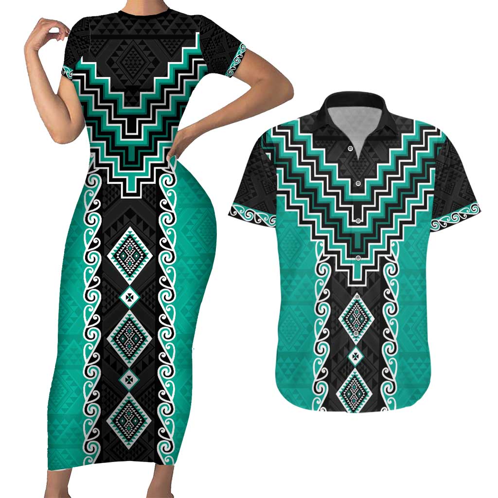 Teal Niho Taniwha Mix Poutama Couples Matching Short Sleeve Bodycon Dress and Hawaiian Shirt Unique Taniko Aotearoa