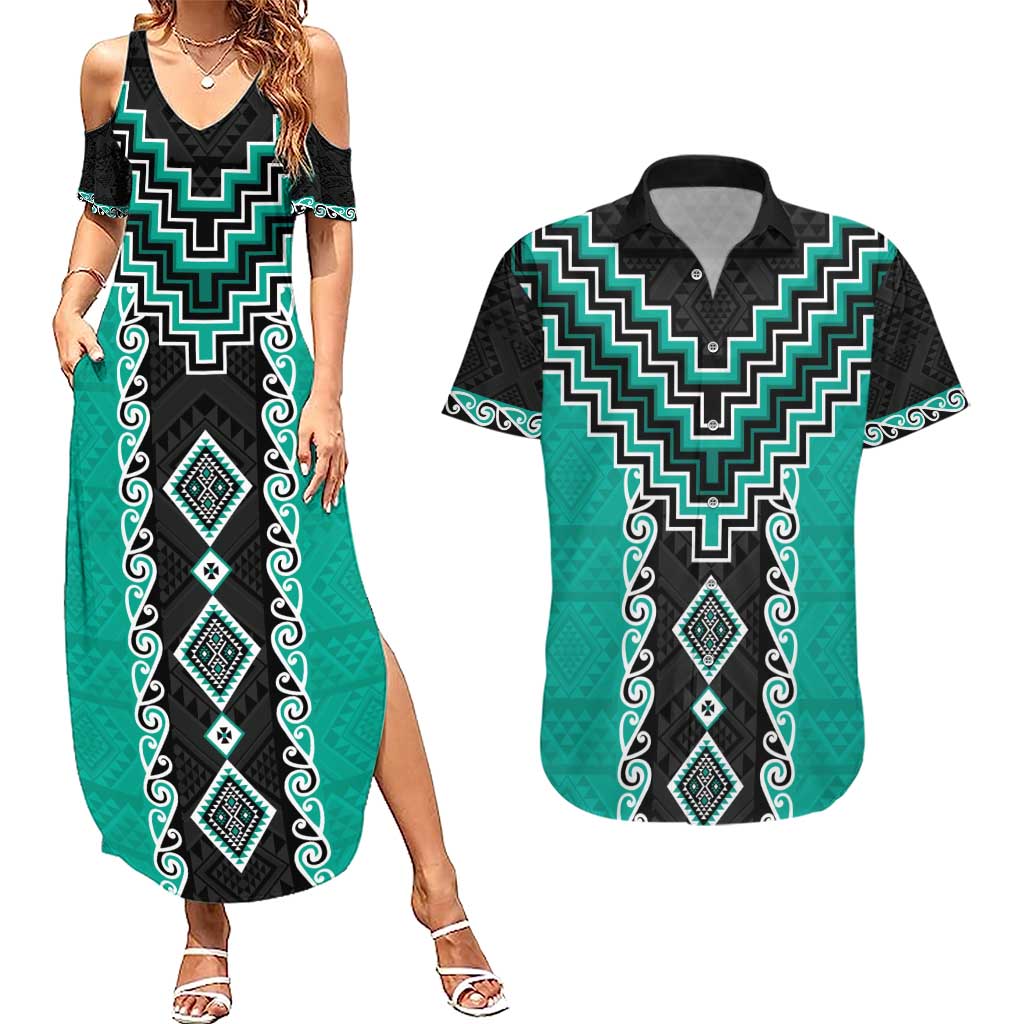 Teal Niho Taniwha Mix Poutama Couples Matching Summer Maxi Dress and Hawaiian Shirt Unique Taniko Aotearoa
