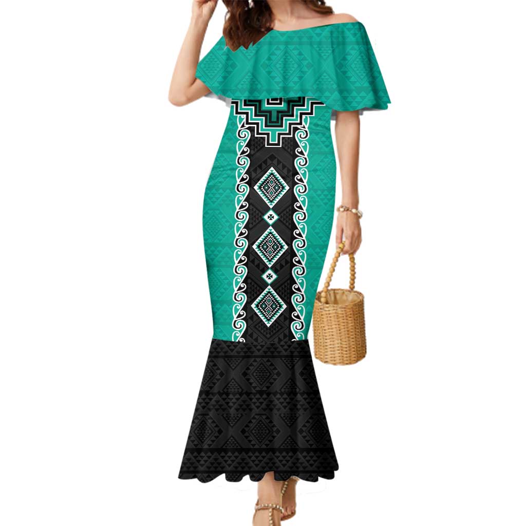 Teal Niho Taniwha Mix Poutama Family Matching Mermaid Dress and Hawaiian Shirt Unique Taniko Aotearoa