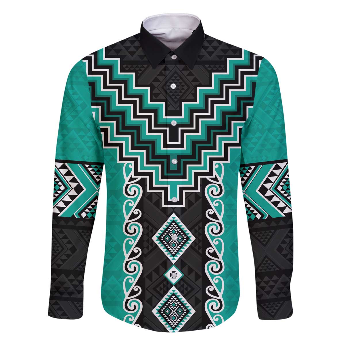 Teal Niho Taniwha Mix Poutama Family Matching Off The Shoulder Long Sleeve Dress and Hawaiian Shirt Unique Taniko Aotearoa