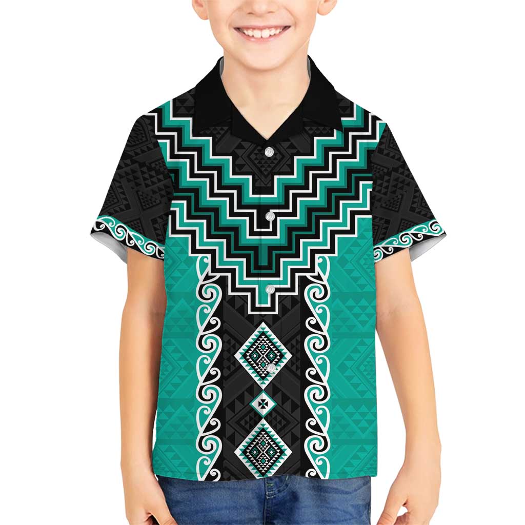 Teal Niho Taniwha Mix Poutama Family Matching Puletasi and Hawaiian Shirt Unique Taniko Aotearoa