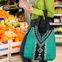 Teal Niho Taniwha Mix Poutama Grocery Bag Unique Taniko Aotearoa