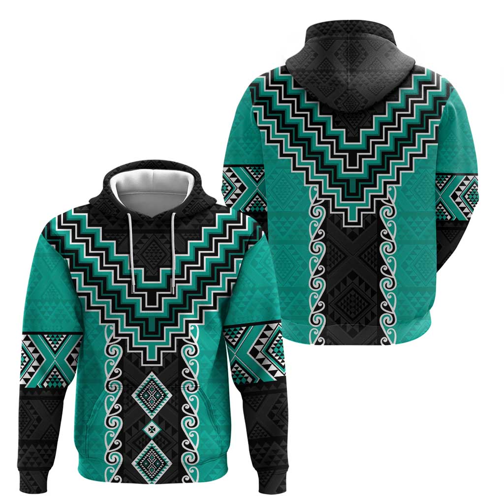 Teal Niho Taniwha Mix Poutama Hoodie Unique Taniko Aotearoa