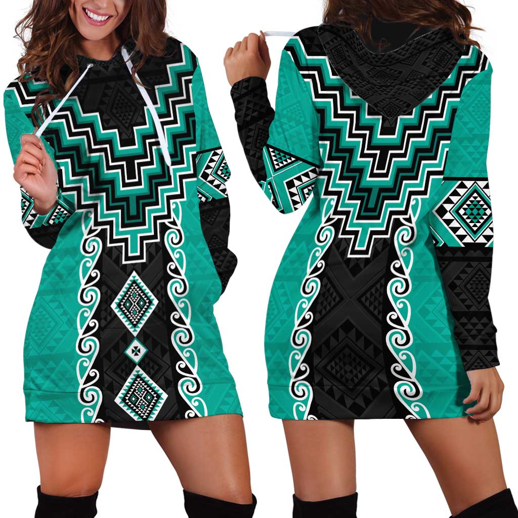 Teal Niho Taniwha Mix Poutama Hoodie Dress Unique Taniko Aotearoa