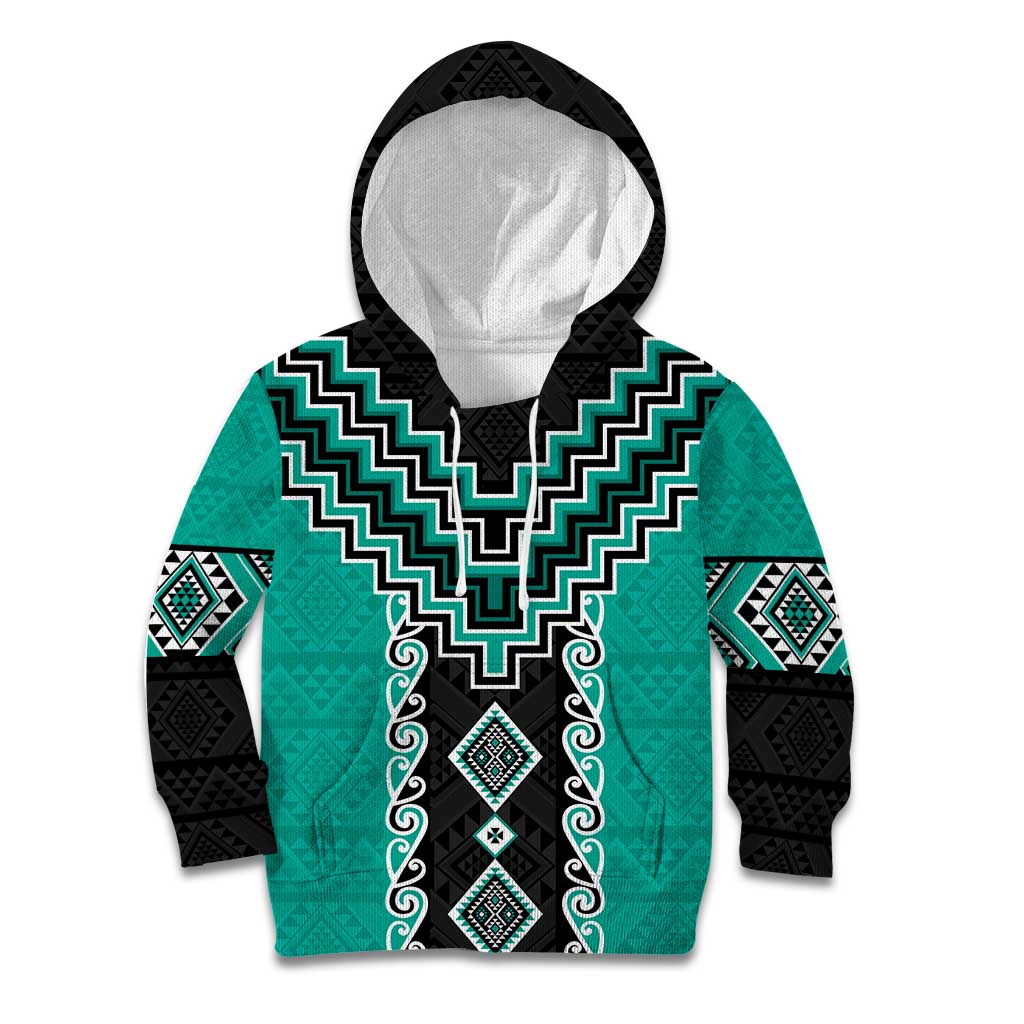 Teal Niho Taniwha Mix Poutama Kid Hoodie Unique Taniko Aotearoa